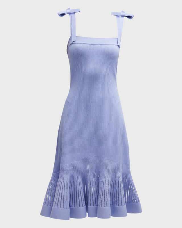 Bow-Shoulder Sheer Stripe Fit-&-Flare Midi Dress